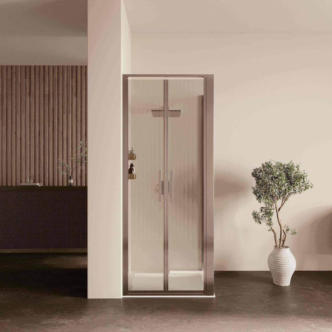 Box doccia elegante in un ambiente minimalista, simbolo di benessere nella doccia e relax quotidiano.
