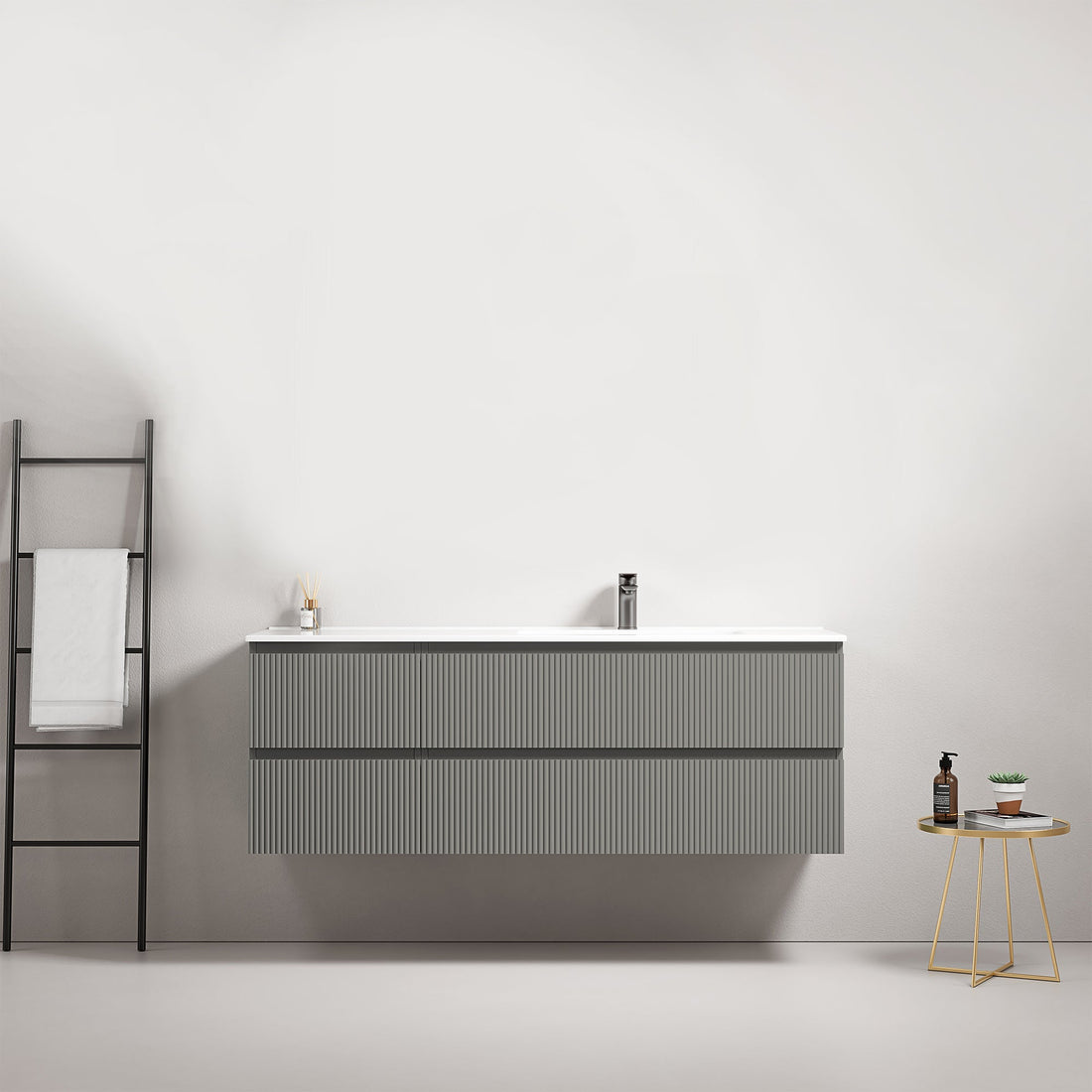 Mobile bagno sospeso 120 cm Bruno Scuro Lavabo a Sinistra in Resina Specchio Quadro - Fiji Wood