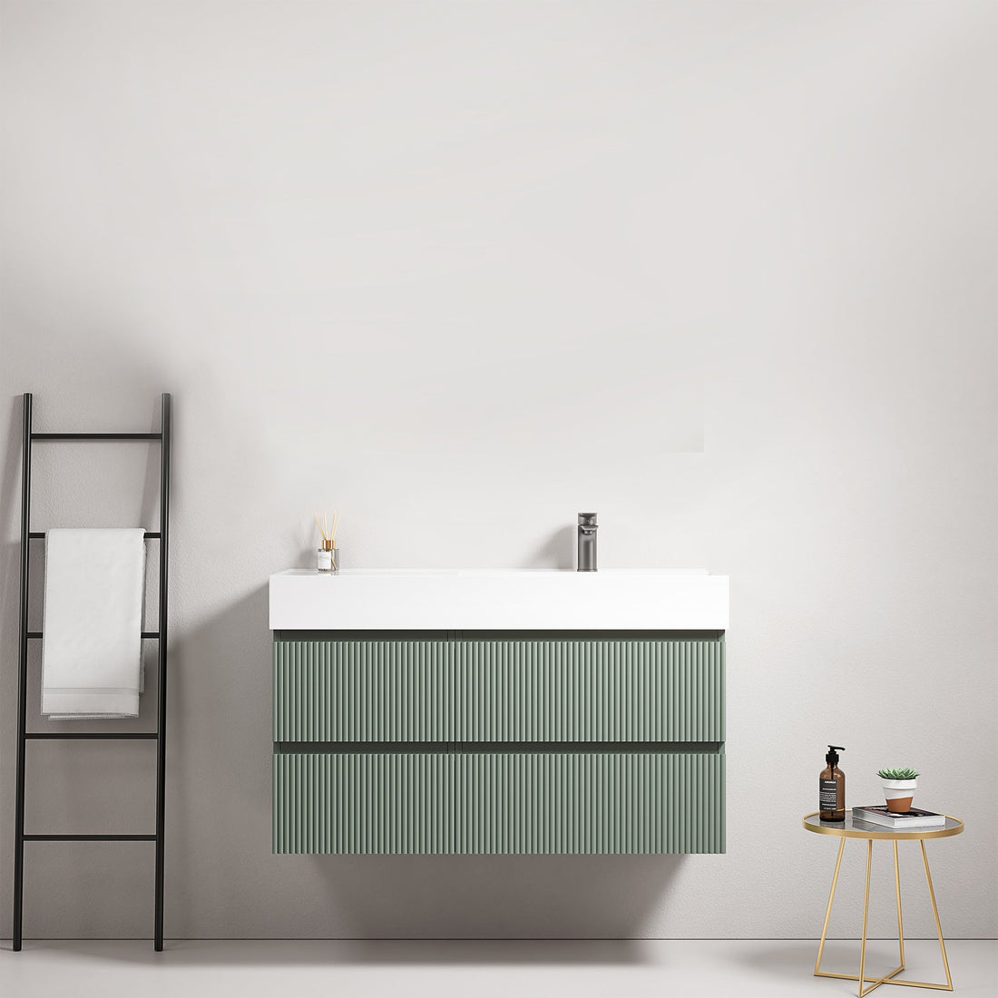 Mobile da bagno moderno in verde, esempio di tendenze design mobili bagno, con accessori di stile e funzionalità.
