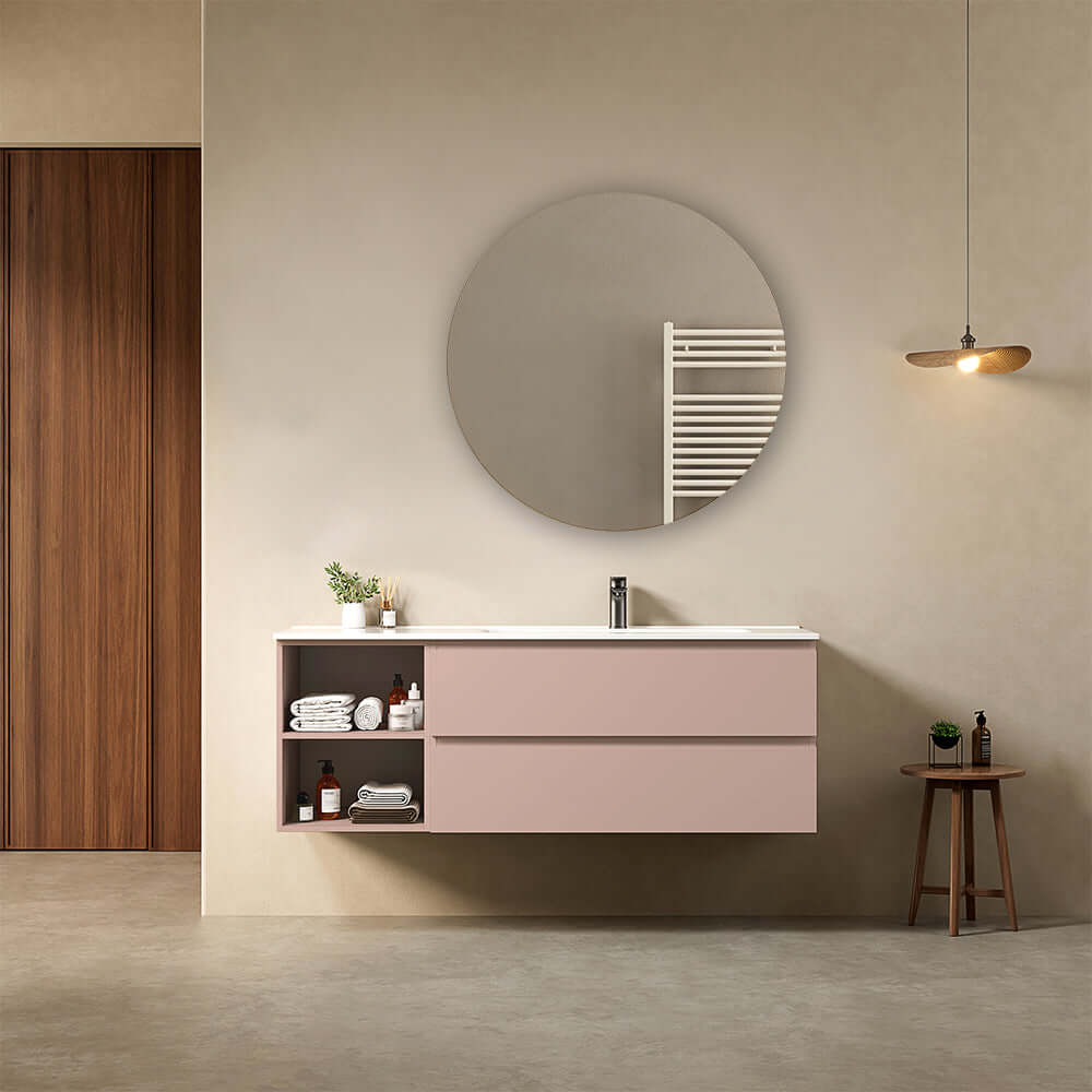 Mobile bagno sospeso 120 cm Grigio Cenere Lavabo a Sinistra in Ceramica Specchio Tondo Retroilluminato - Fiji Paint