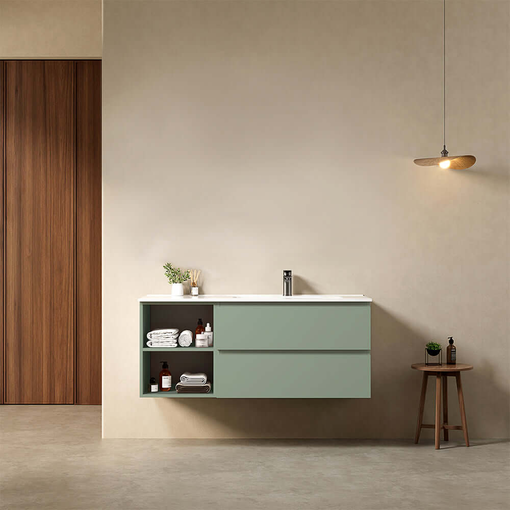 Mobile bagno sospeso cannettato reversibile  100 cm Verde Comodoro  per Lavabo d'appoggio Specchio Tondo - Fiji Paint Top Canneté