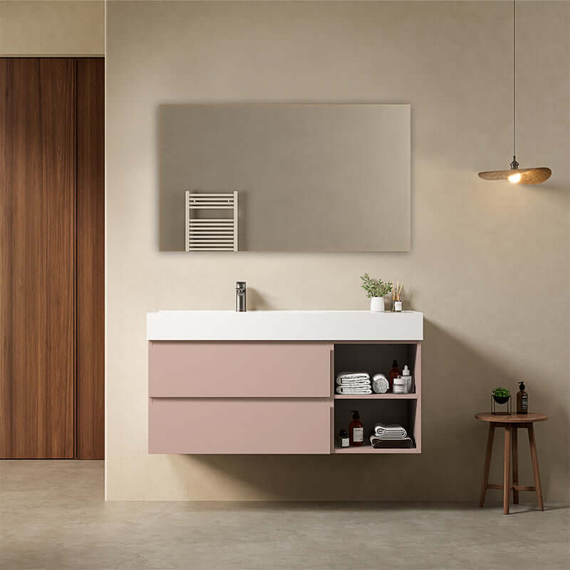 Mobile bagno sospeso 80 cm Bruno Scuro Lavabo in Resina Specchio Tondo Retroilluminato - Fiji Wood