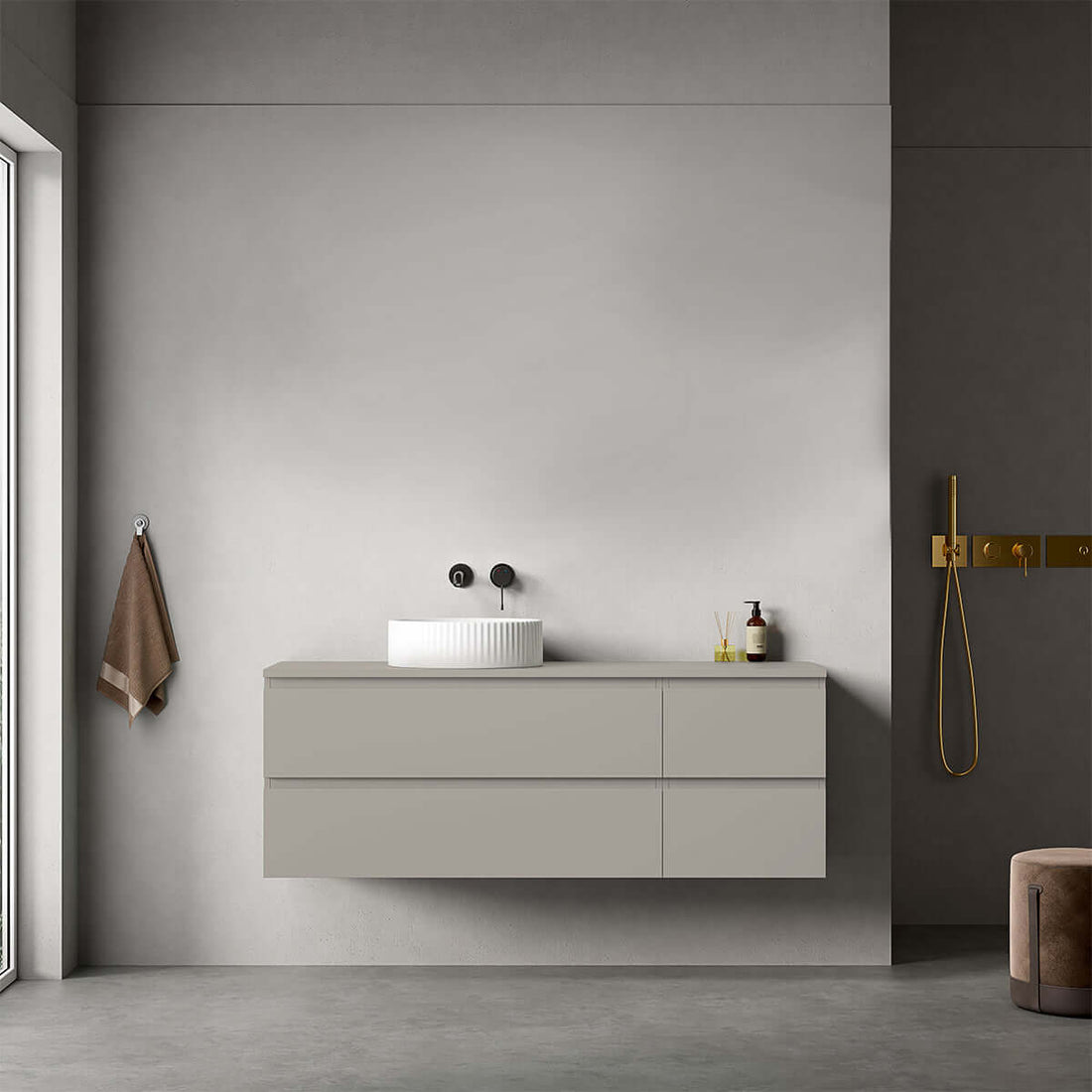 Mobile bagno sospeso 100 cm Beige Lavabo in Resina Specchio Tondo - Fiji Wood