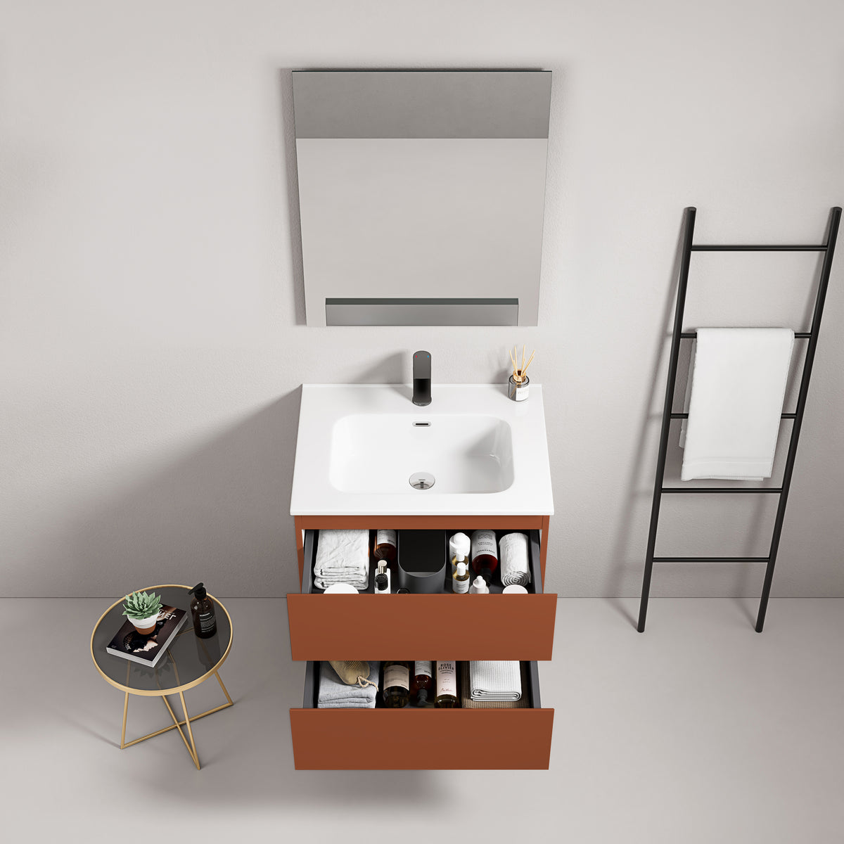 Mobile bagno sospeso 60 cm Cotto Contemporaneo Lavabo in Ceramica Specchio Quadro - Fiji Paint