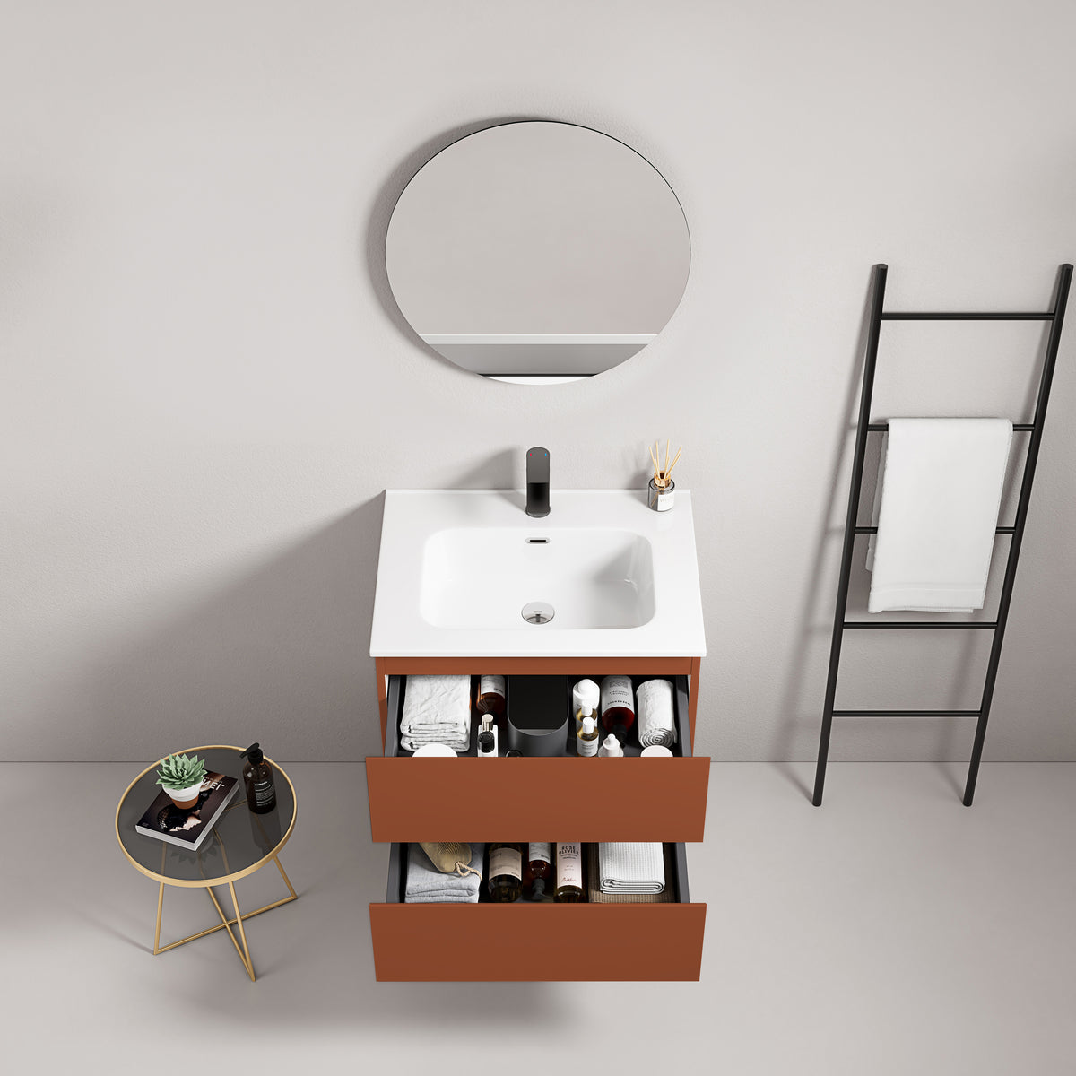 Mobile bagno sospeso 60 cm Cotto Contemporaneo Lavabo in Ceramica Specchio Tondo - Fiji Paint