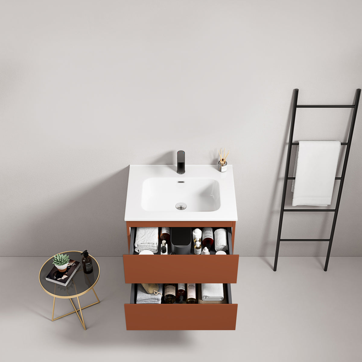 Mobile bagno sospeso 60 cm Cotto Contemporaneo Lavabo in Ceramica Senza Specchio - Fiji Paint