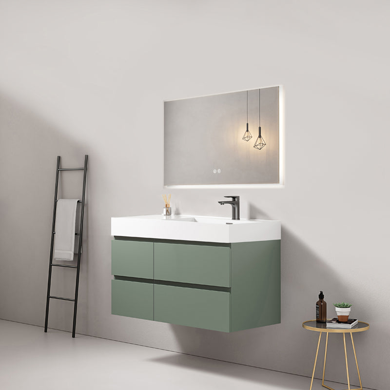 Mobile bagno sospeso 100 cm Verde Salvia Lavabo a Destra in Resina Specchio Quadro Retroilluminato - Fiji Paint