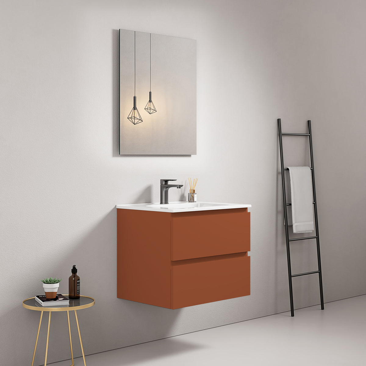 Mobile bagno sospeso 60 cm Cotto Contemporaneo Lavabo in Ceramica Specchio Quadro - Fiji Paint