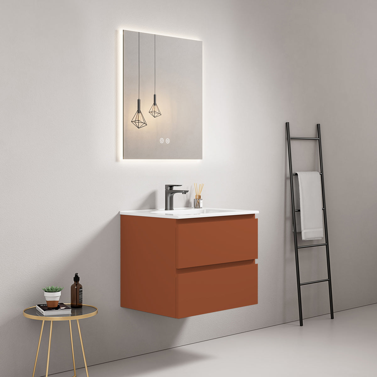 Mobile bagno sospeso 60 cm Cotto Contemporaneo Lavabo in Ceramica Specchio Quadro Retroilluminato - Fiji Paint