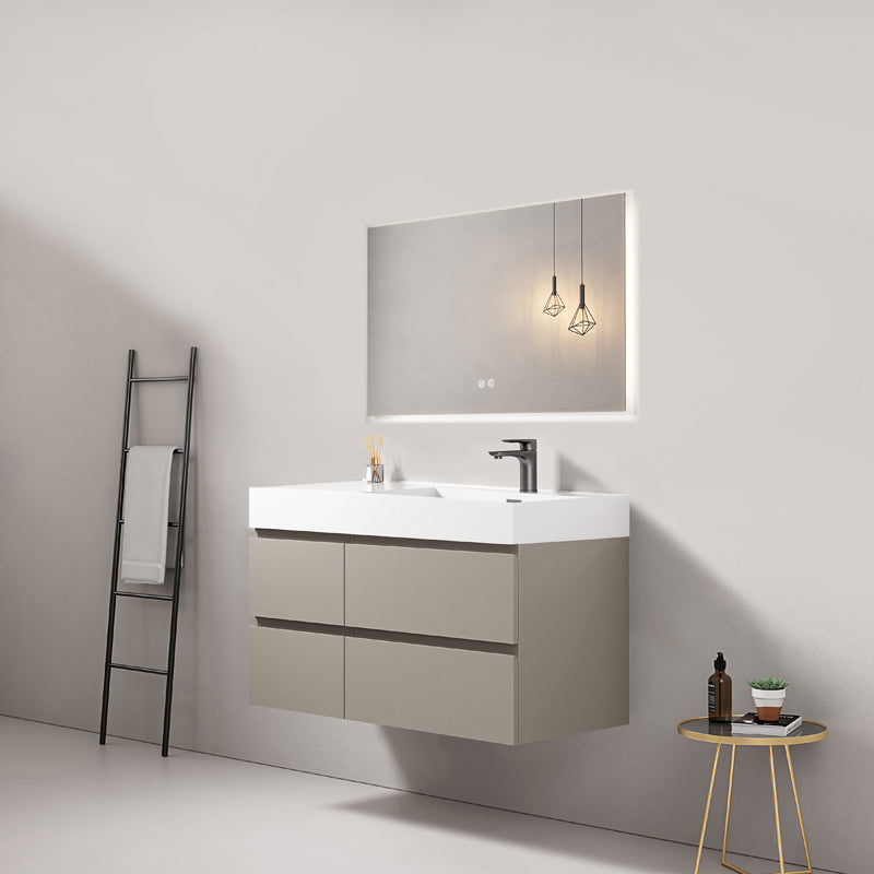 Mobile bagno sospeso 100 cm Grigio Cenere Lavabo a Destra in Resina Specchio Quadro Retroilluminato - Fiji Paint