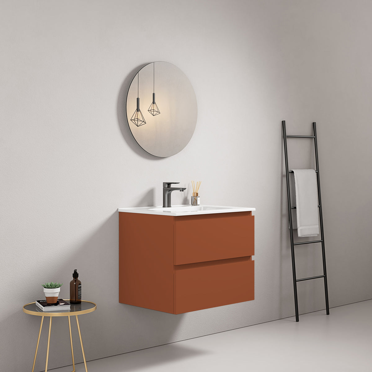 Mobile bagno sospeso 60 cm Cotto Contemporaneo Lavabo in Ceramica Specchio Tondo - Fiji Paint