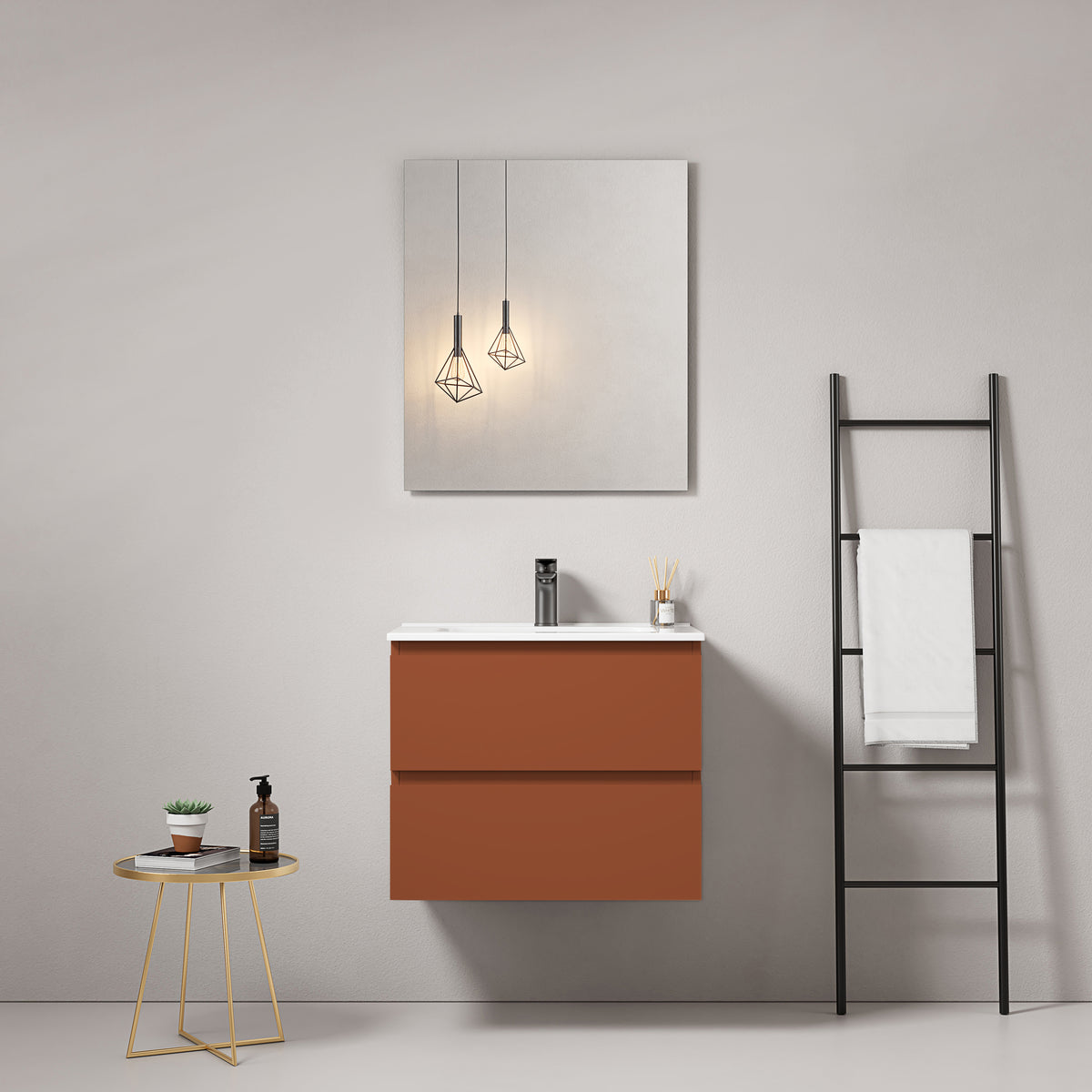 Mobile bagno sospeso 60 cm Cotto Contemporaneo Lavabo in Ceramica Specchio Quadro - Fiji Paint
