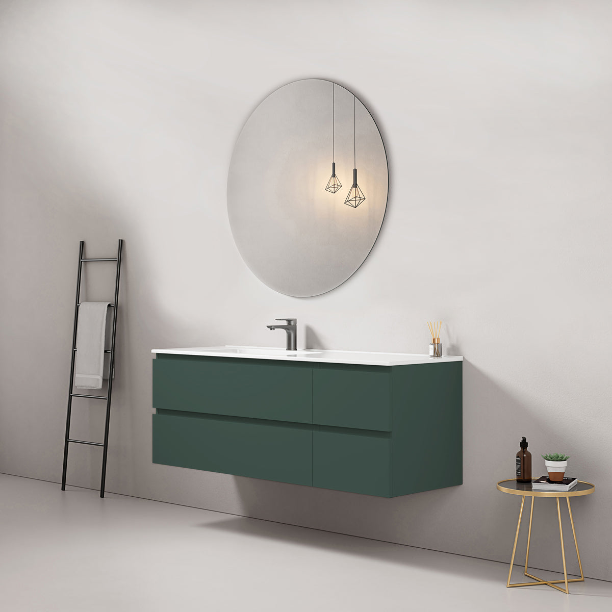 Mobile bagno sospeso 140 cm Verde Comodoro Lavabo a Sinistra in Resina Specchio Tondo - Fiji Paint