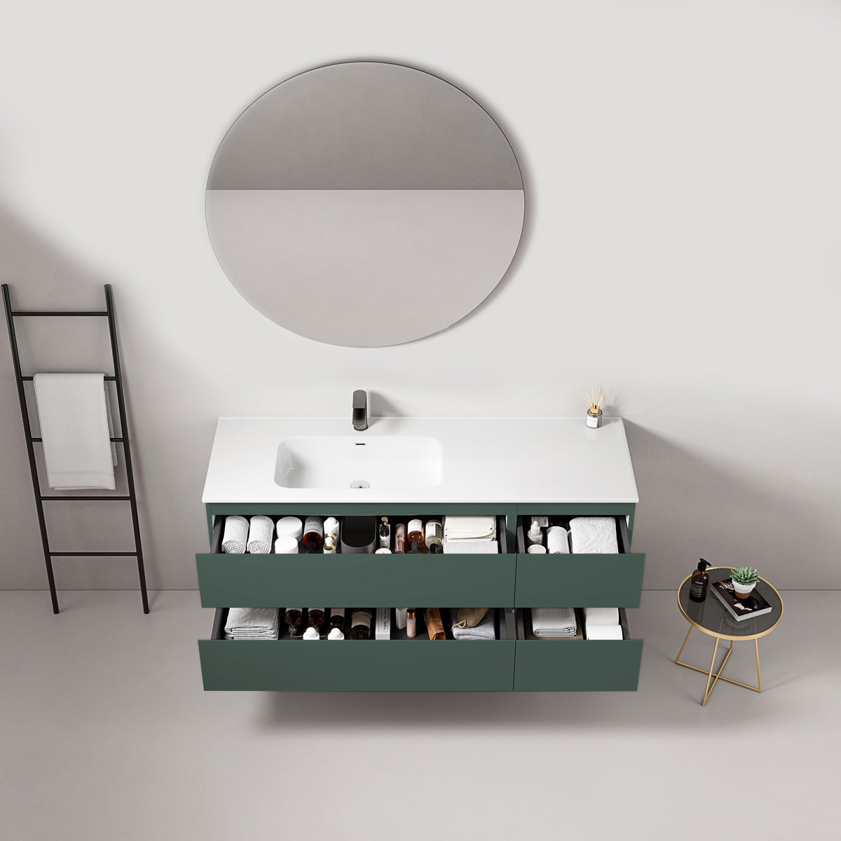 Mobile bagno sospeso 140 cm Verde Comodoro Lavabo a Sinistra in Resina Specchio Tondo - Fiji Paint