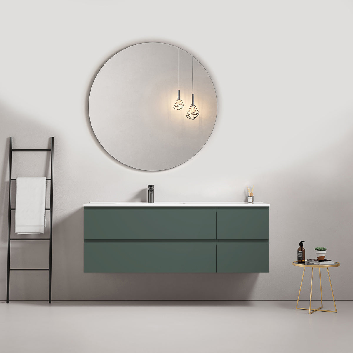 Mobile bagno sospeso 140 cm Verde Comodoro Lavabo a Sinistra in Resina Specchio Tondo - Fiji Paint