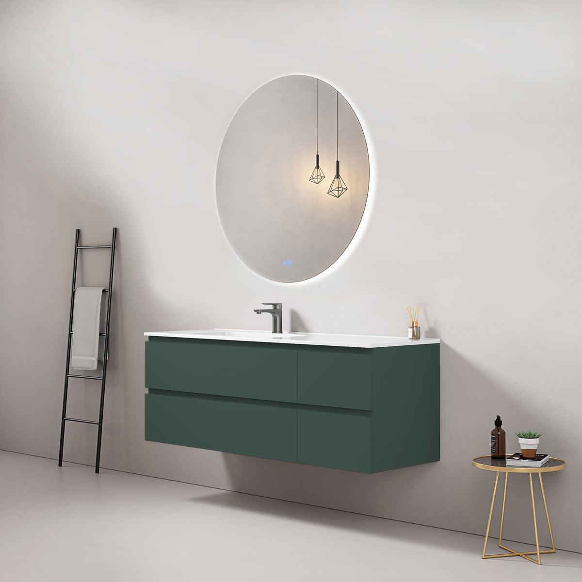Mobile bagno sospeso 140 cm Verde Comodoro Lavabo a Sinistra in Resina Specchio Tondo Retroilluminato - Fiji Paint