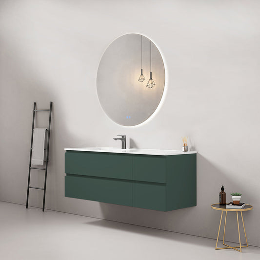 Mobile bagno sospeso 140 cm Verde Comodoro Lavabo a Sinistra in Resina Specchio Tondo Retroilluminato - Fiji Paint