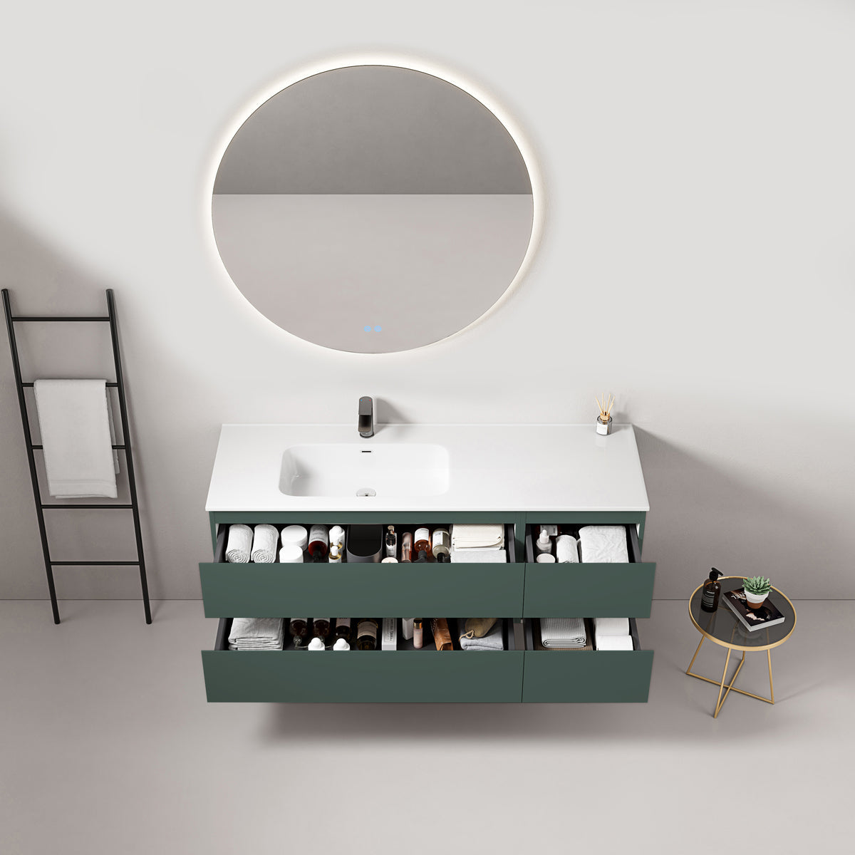 Mobile bagno sospeso 140 cm Verde Comodoro Lavabo a Sinistra in Resina Specchio Tondo Retroilluminato - Fiji Paint