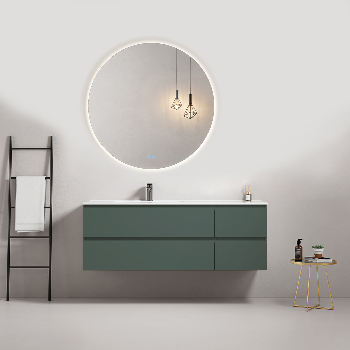 Mobile bagno sospeso 140 cm Verde Comodoro Lavabo a Sinistra in Resina Specchio Tondo Retroilluminato - Fiji Paint