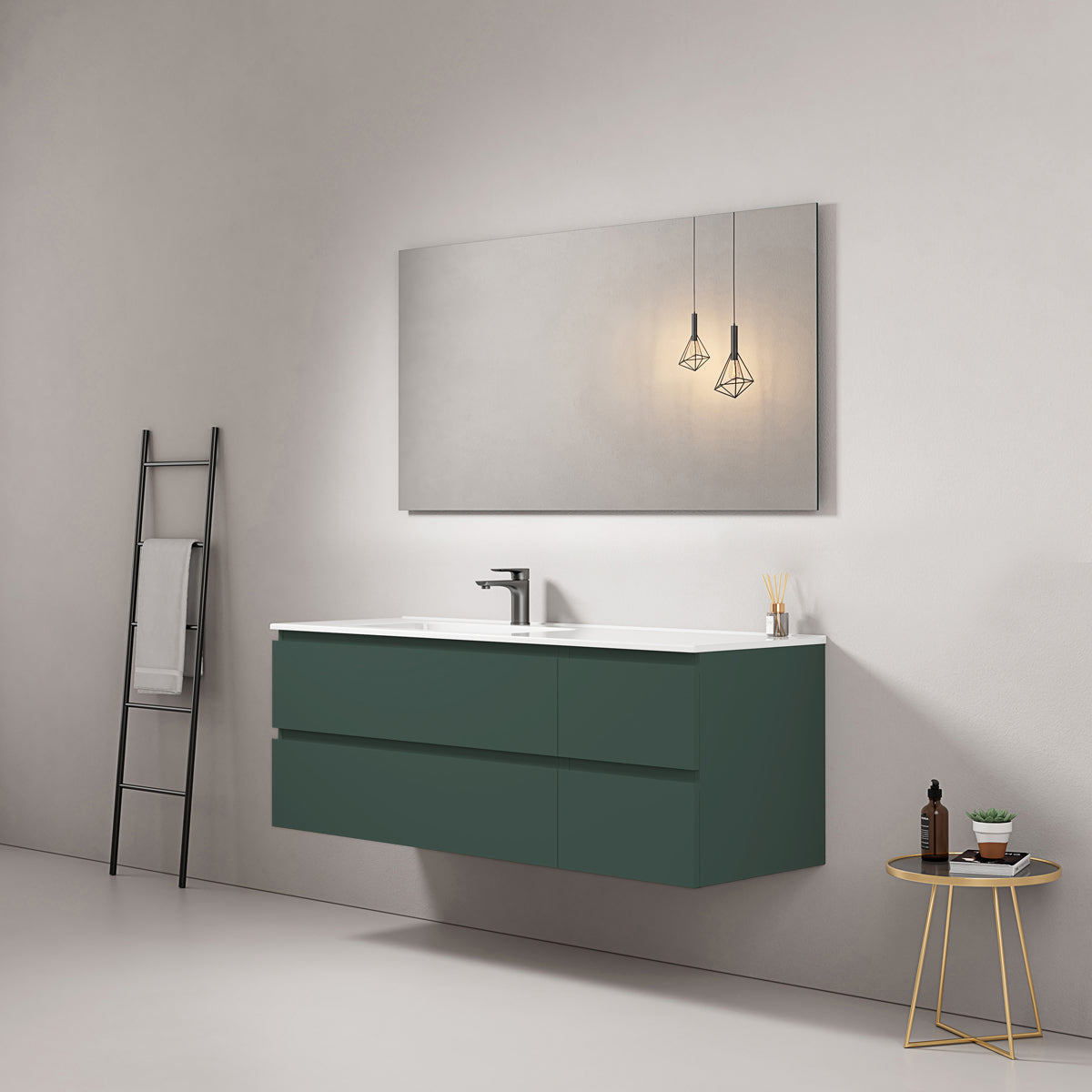 Mobile bagno sospeso 140 cm Verde Comodoro Lavabo a Sinistra in Resina Specchio Quadro - Fiji Paint