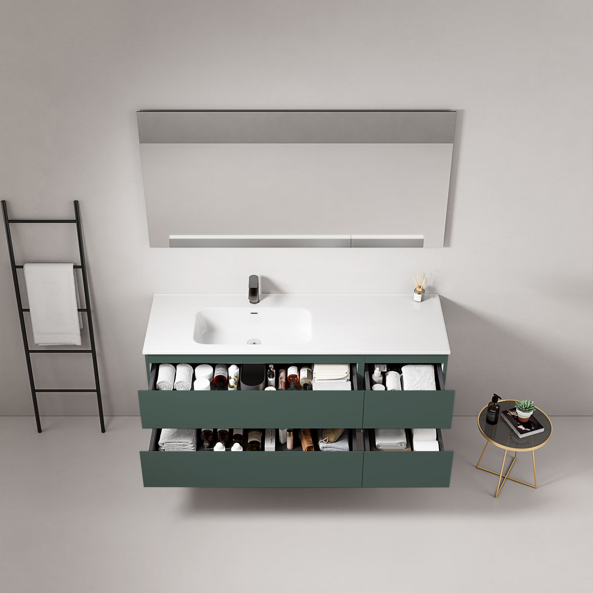 Mobile bagno sospeso 140 cm Verde Comodoro Lavabo a Sinistra in Resina Specchio Quadro - Fiji Paint