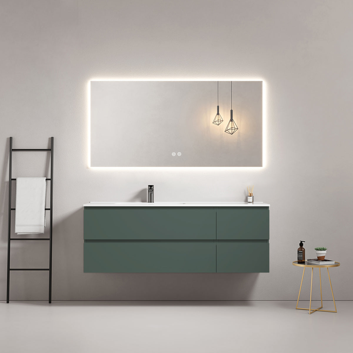 Mobile bagno sospeso 140 cm Verde Comodoro Lavabo a Sinistra in Resina Specchio Quadro Retroilluminato - Fiji Paint