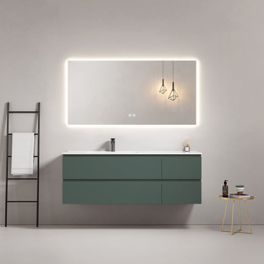 Mobile bagno sospeso 140 cm Verde Comodoro Lavabo a Sinistra in Resina Specchio Quadro Retroilluminato - Fiji Paint