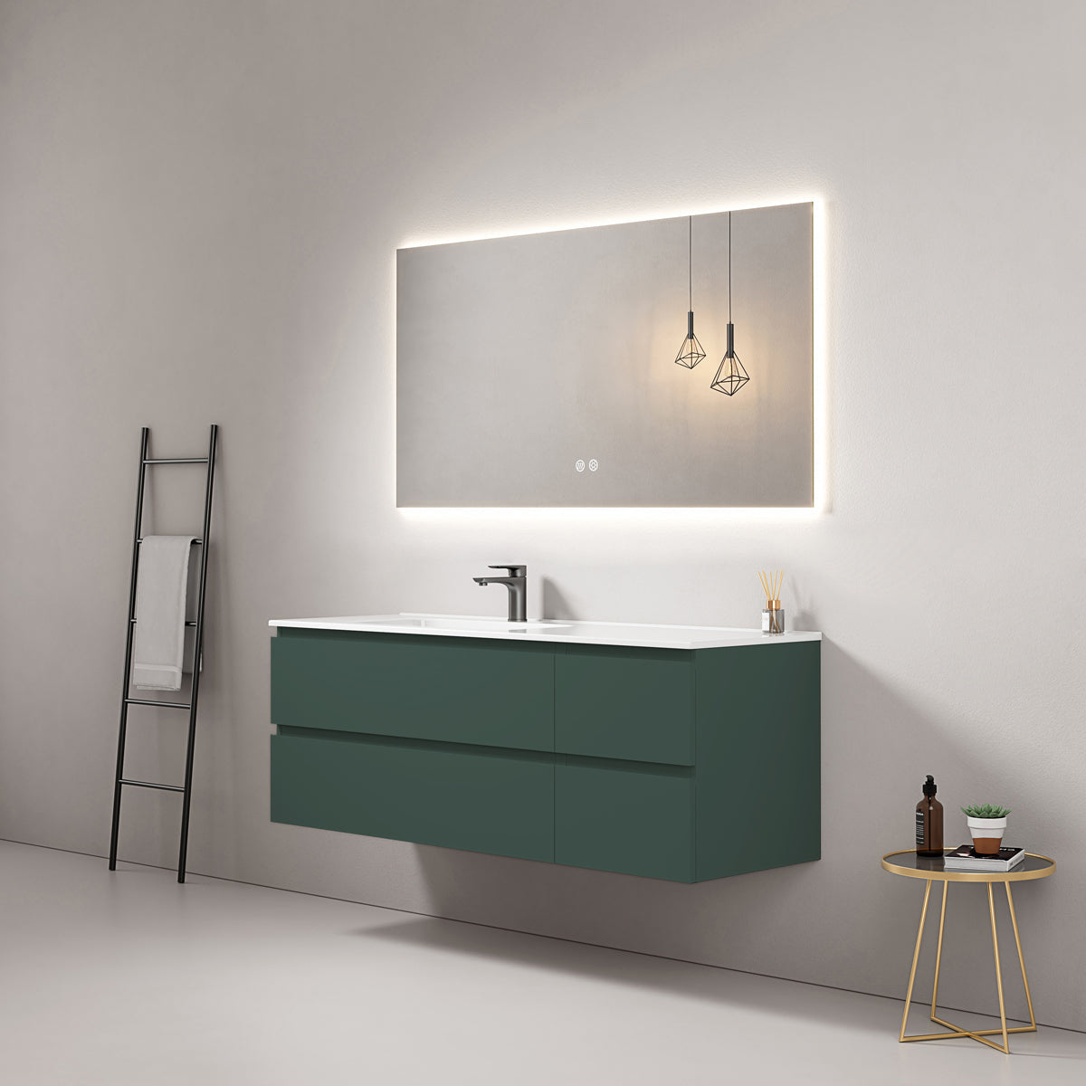 Mobile bagno sospeso 140 cm Verde Comodoro Lavabo a Sinistra in Resina Specchio Quadro Retroilluminato - Fiji Paint