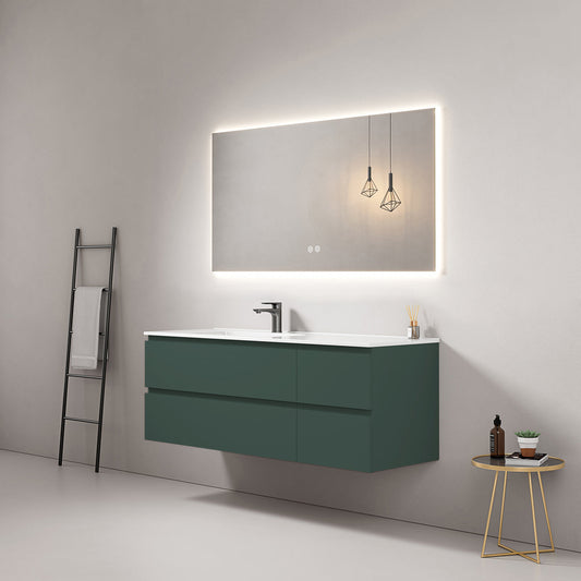Mobile bagno sospeso 140 cm Verde Comodoro Lavabo a Sinistra in Resina Specchio Quadro Retroilluminato - Fiji Paint