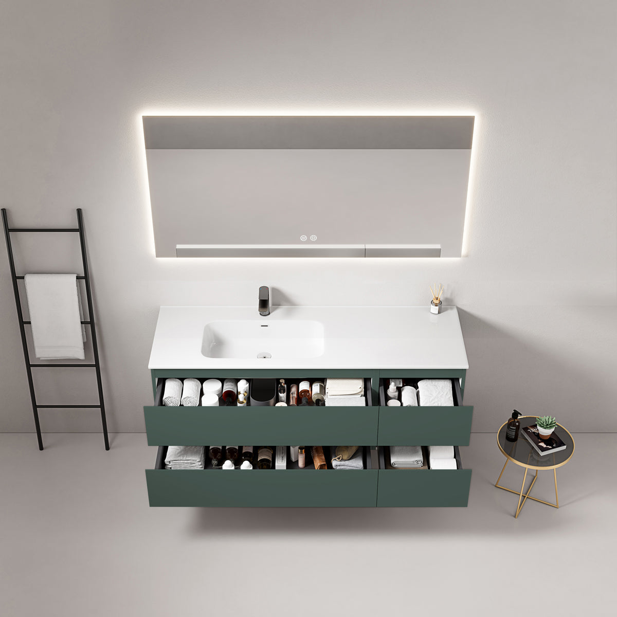 Mobile bagno sospeso 140 cm Verde Comodoro Lavabo a Sinistra in Resina Specchio Quadro Retroilluminato - Fiji Paint