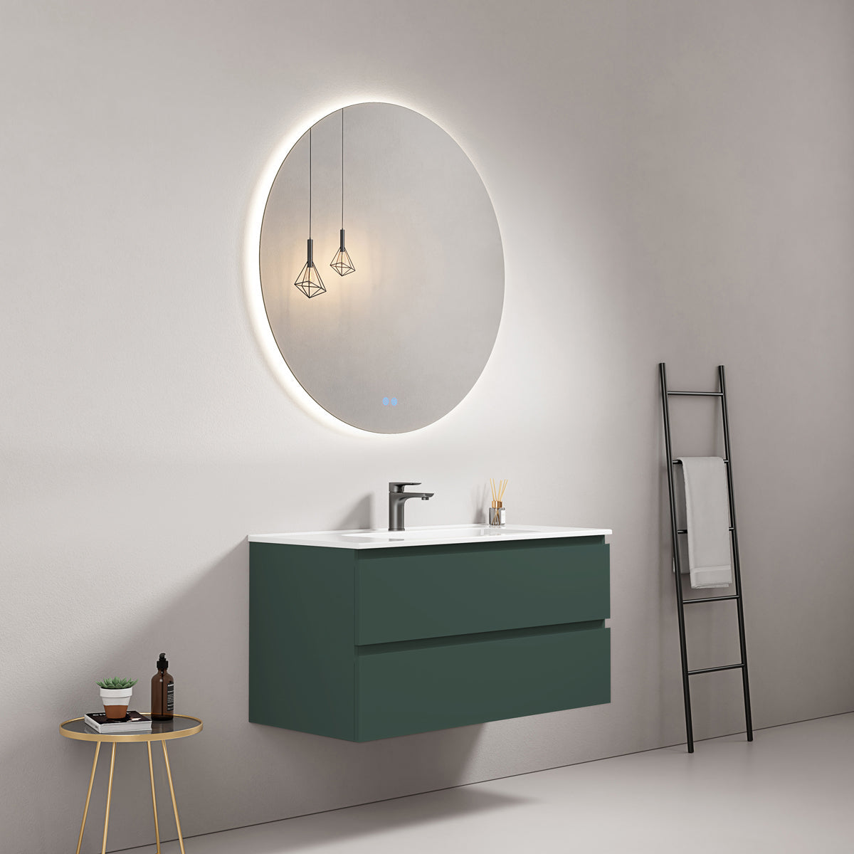 Mobile bagno sospeso 100 cm Verde Comodoro Lavabo in Ceramica Specchio Tondo Retroilluminato - Fiji Paint