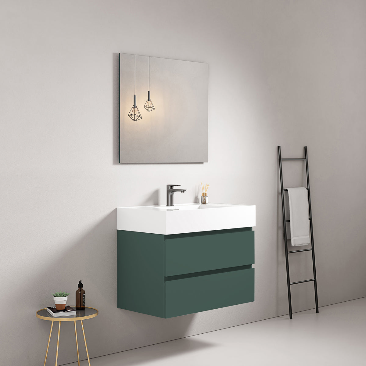 Mobile bagno sospeso 100 cm Verde Comodoro Lavabo in Resina Specchio Quadro - Fiji Paint