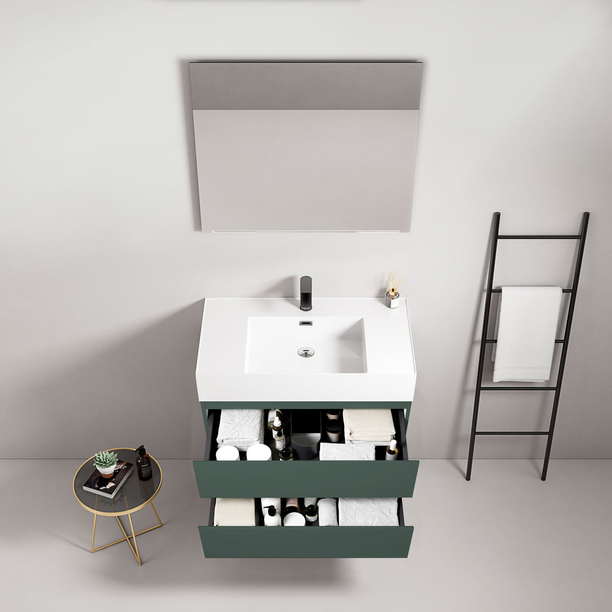 Mobile bagno sospeso 100 cm Verde Comodoro Lavabo in Resina Specchio Quadro - Fiji Paint