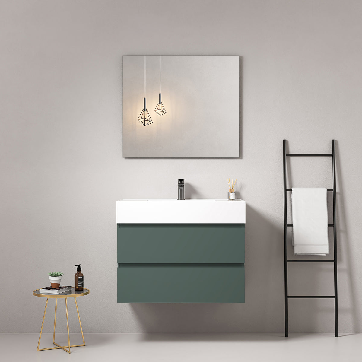 Mobile bagno sospeso 100 cm Verde Comodoro Lavabo in Resina Specchio Quadro - Fiji Paint
