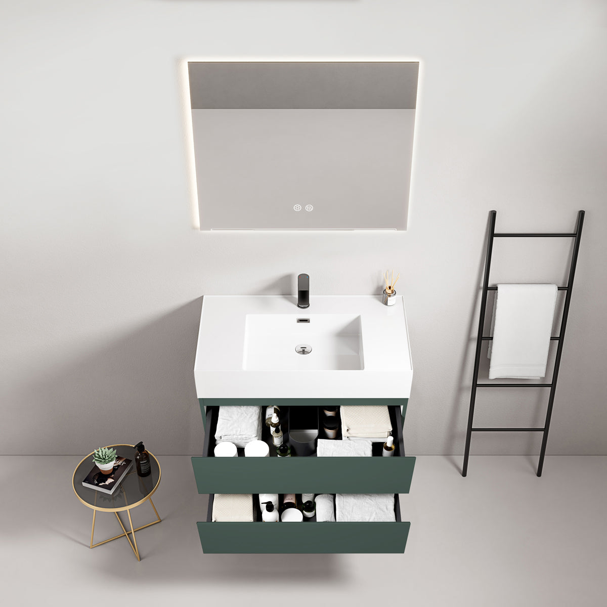 Mobile bagno sospeso 100 cm Verde Comodoro Lavabo in Resina Specchio Quadro Retroilluminato - Fiji Paint
