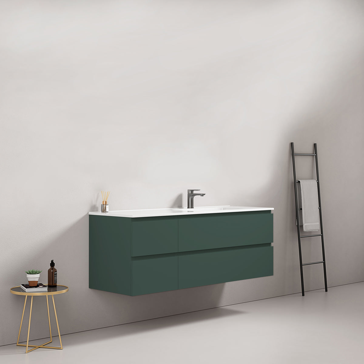 Mobile bagno sospeso 140 cm Verde Comodoro Lavabo a Destra in Resina Senza Specchio - Fiji Paint
