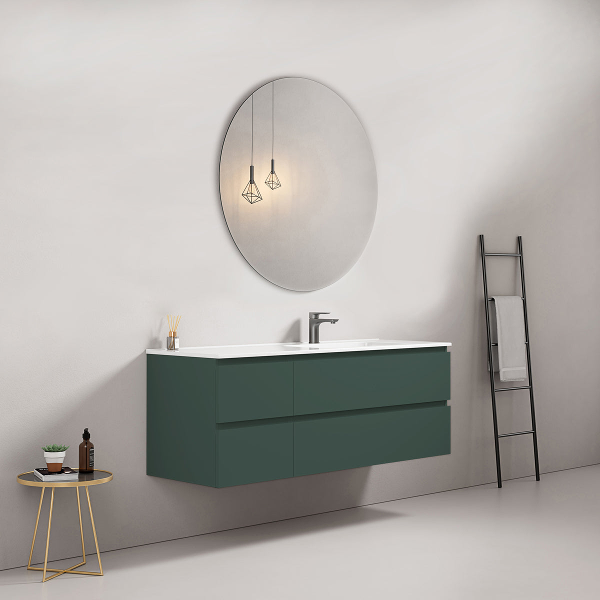 Mobile bagno sospeso 140 cm Verde Comodoro Lavabo a Destra in Resina Specchio Tondo - Fiji Paint