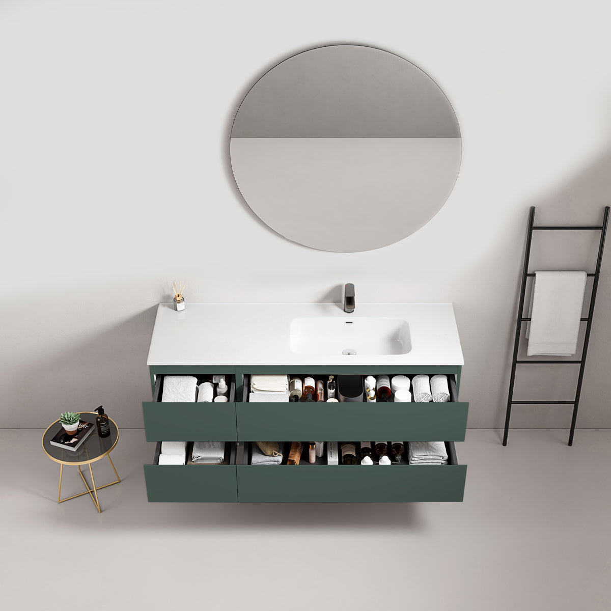 Mobile bagno sospeso 140 cm Verde Comodoro Lavabo a Destra in Resina Specchio Tondo - Fiji Paint