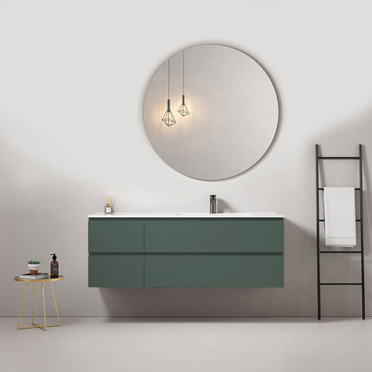 Mobile bagno sospeso 140 cm Verde Comodoro Lavabo a Destra in Resina Specchio Tondo - Fiji Paint