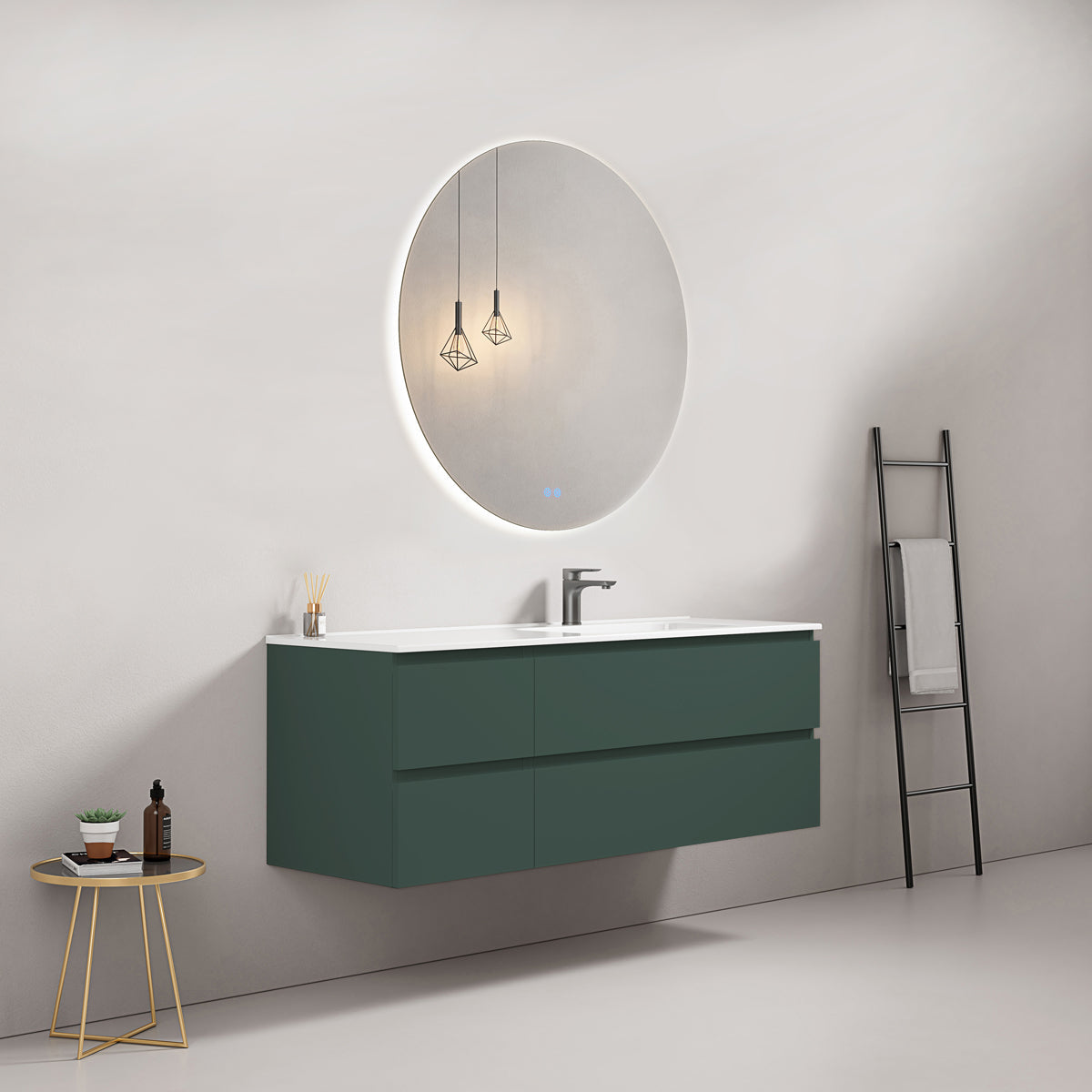 Mobile bagno sospeso 140 cm Verde Comodoro Lavabo a Destra in Resina Specchio Tondo Retroilluminato - Fiji Paint