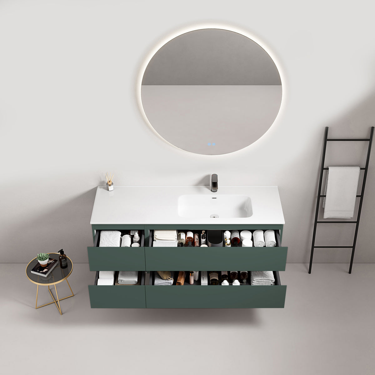 Mobile bagno sospeso 140 cm Verde Comodoro Lavabo a Destra in Resina Specchio Tondo Retroilluminato - Fiji Paint