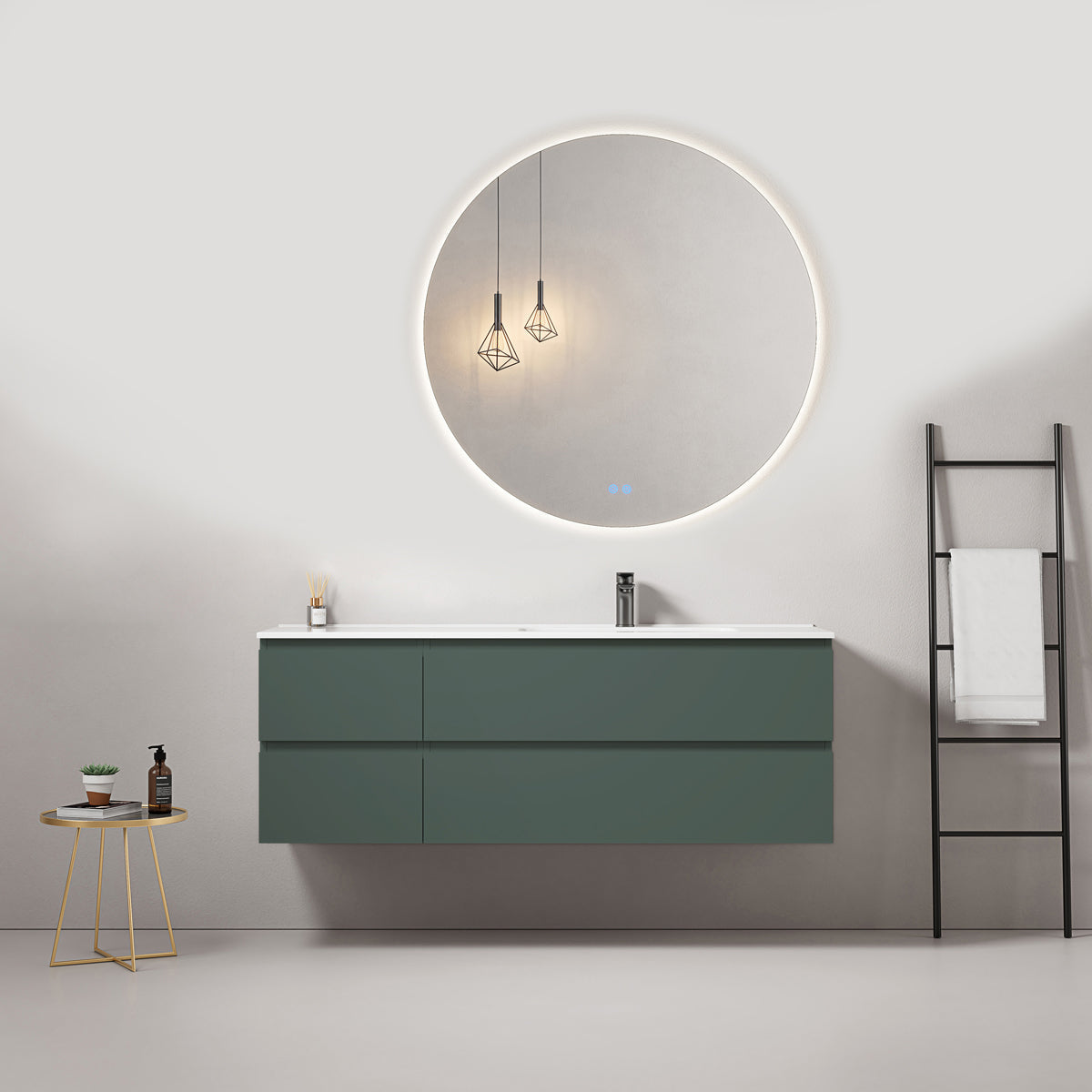 Mobile bagno sospeso 140 cm Verde Comodoro Lavabo a Destra in Resina Specchio Tondo Retroilluminato - Fiji Paint