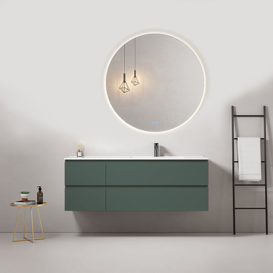Mobile bagno sospeso 140 cm Verde Comodoro Lavabo a Destra in Resina Specchio Tondo Retroilluminato - Fiji Paint