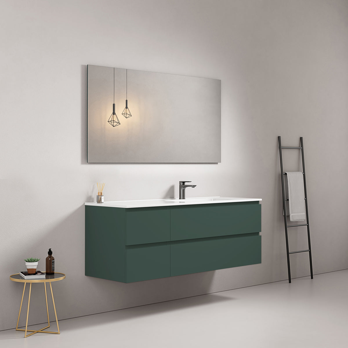 Mobile bagno sospeso 140 cm Verde Comodoro Lavabo a Destra in Resina Specchio Quadro - Fiji Paint