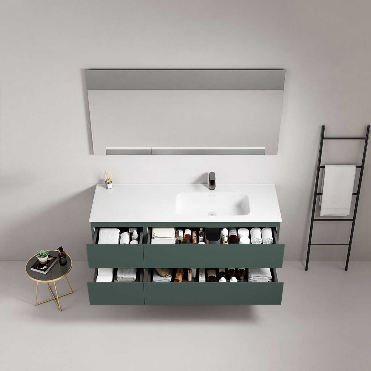 Mobile bagno sospeso 140 cm Verde Comodoro Lavabo a Destra in Resina Specchio Quadro - Fiji Paint