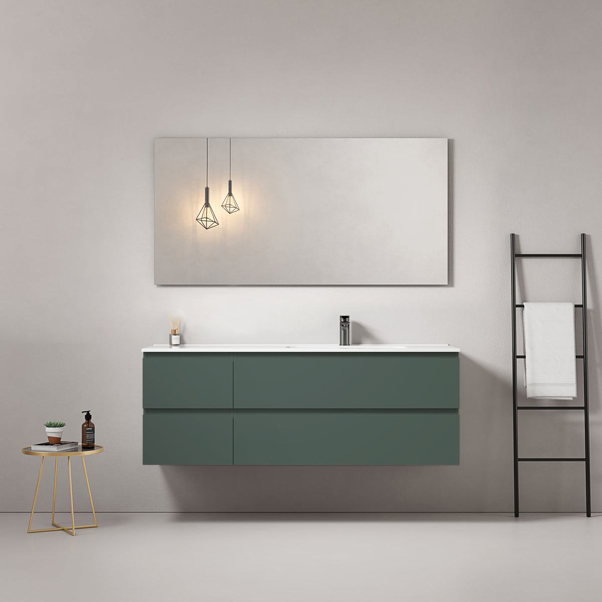 Mobile bagno sospeso 140 cm Verde Comodoro Lavabo a Destra in Resina Specchio Quadro - Fiji Paint