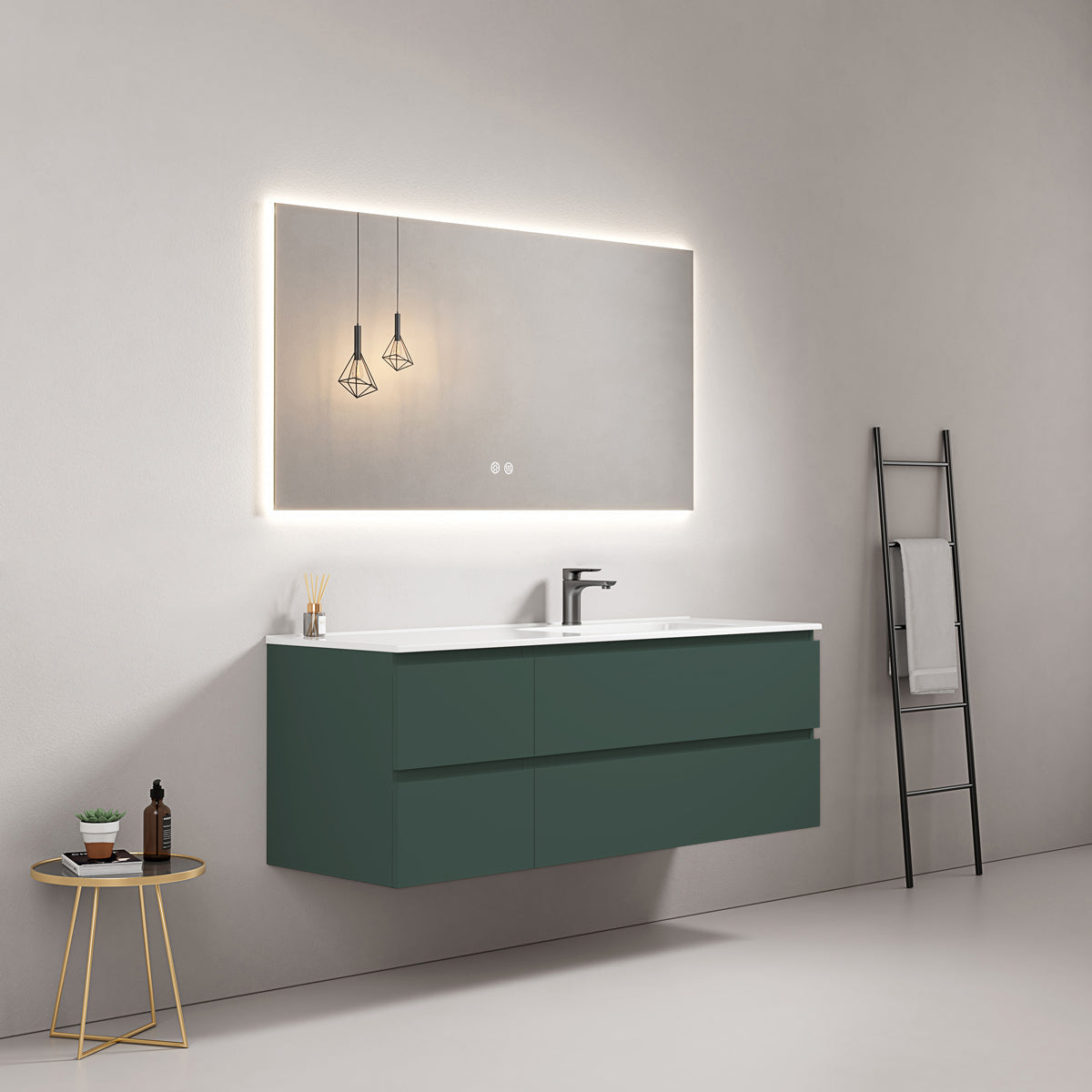 Mobile bagno sospeso 140 cm Verde Comodoro Lavabo a Destra in Resina Specchio Quadro Retroilluminato - Fiji Paint