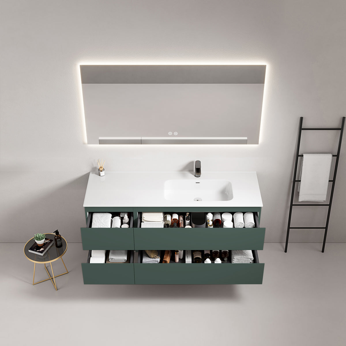 Mobile bagno sospeso 140 cm Verde Comodoro Lavabo a Destra in Resina Specchio Quadro Retroilluminato - Fiji Paint