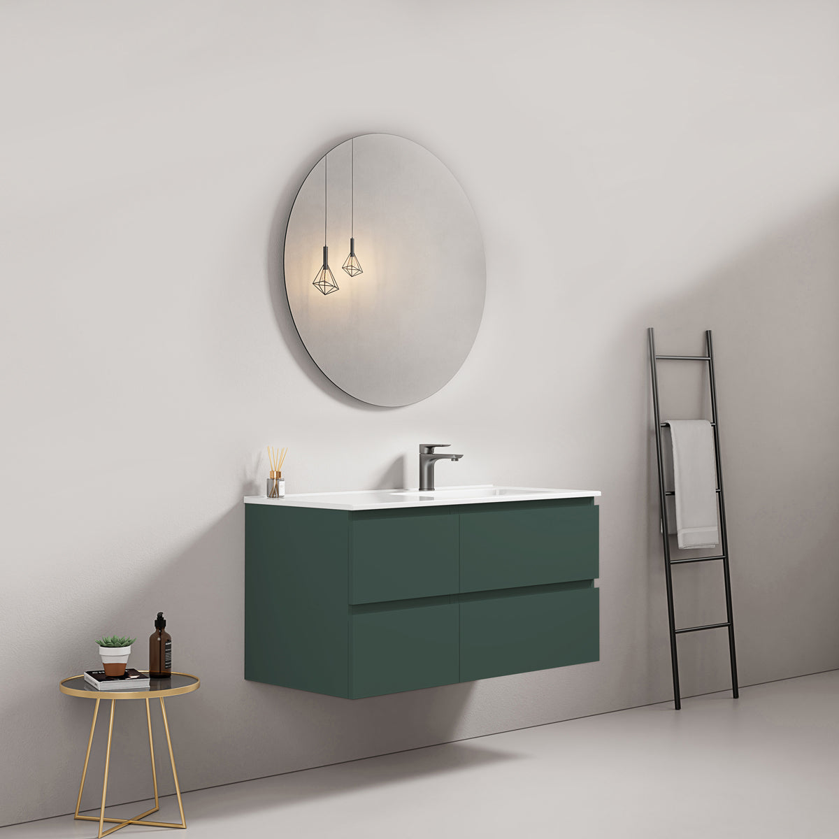 Mobile bagno sospeso 100 cm Verde Comodoro Lavabo a Destra in Ceramica Specchio Tondo - Fiji Paint