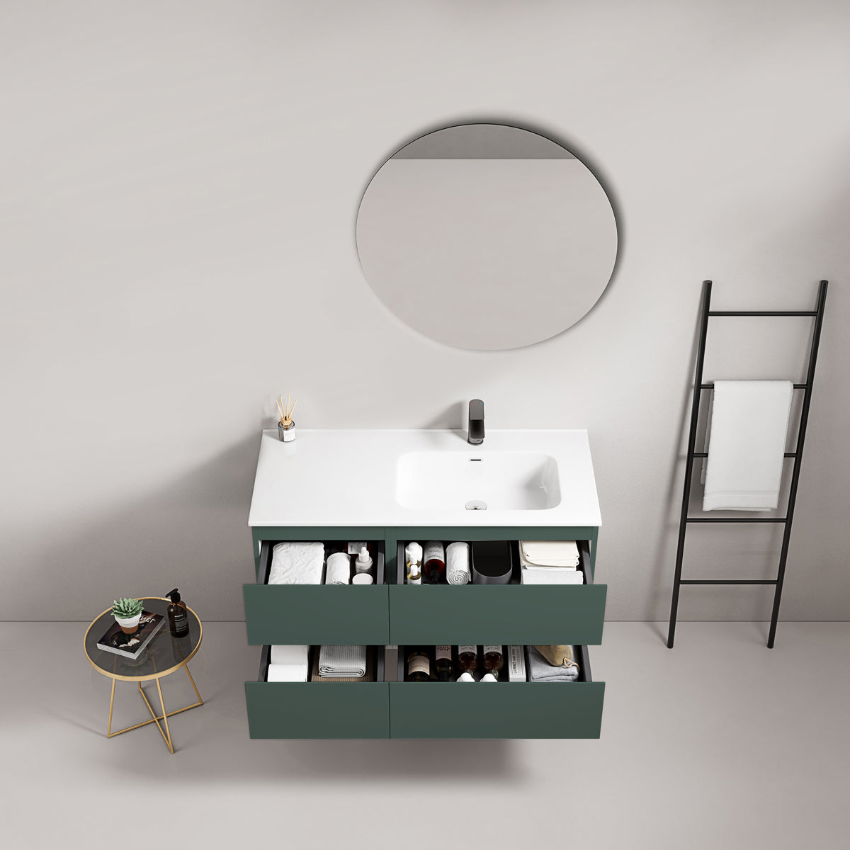Mobile bagno sospeso 100 cm Verde Comodoro Lavabo a Destra in Ceramica Specchio Tondo - Fiji Paint